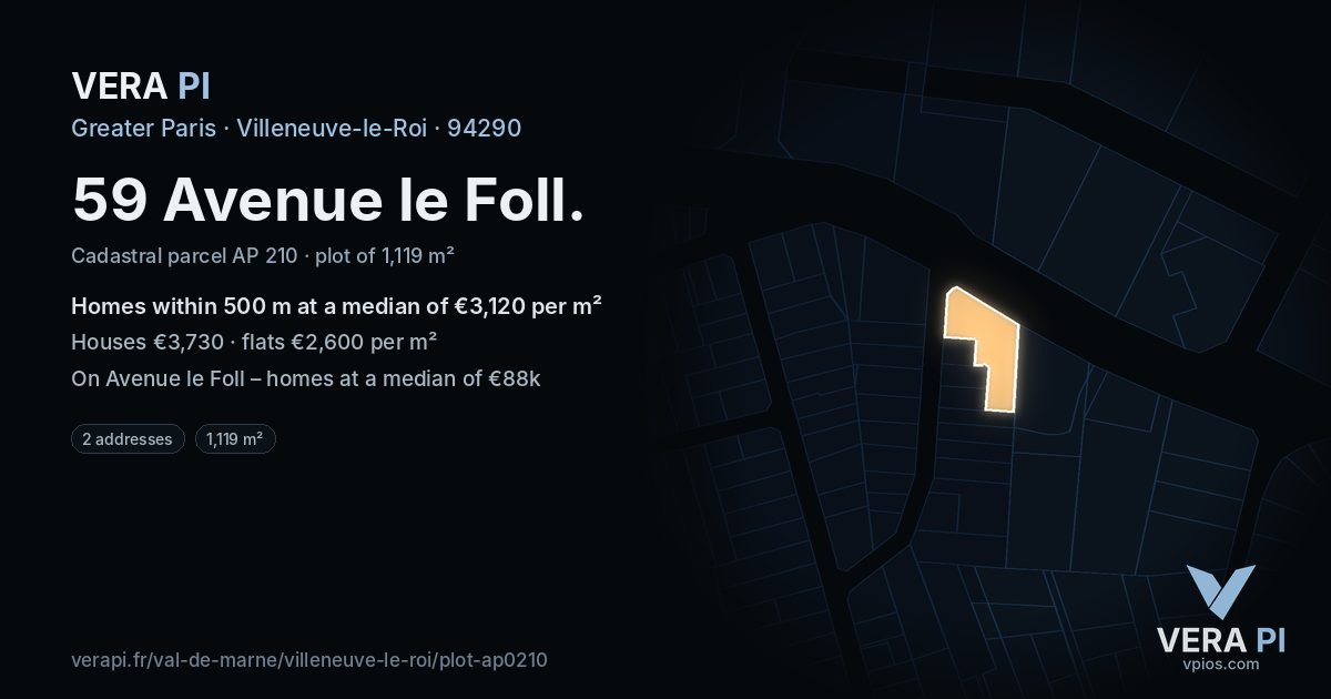 59 Avenue le Foll, Villeneuve-le-Roi at night – the plot lit, the parcels around coloured by the prices near them