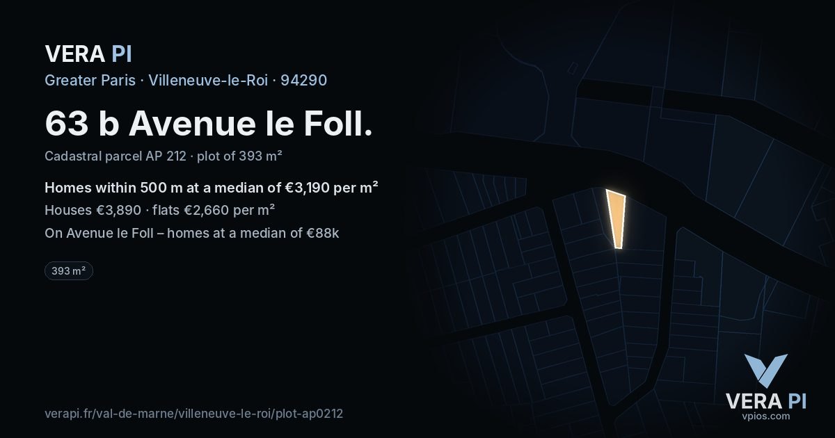 63 b Avenue le Foll, Villeneuve-le-Roi at night – the plot lit, the parcels around coloured by the prices near them