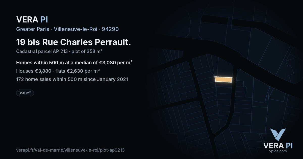 19 bis Rue Charles Perrault, Villeneuve-le-Roi at night – the plot lit, the parcels around coloured by the prices near them