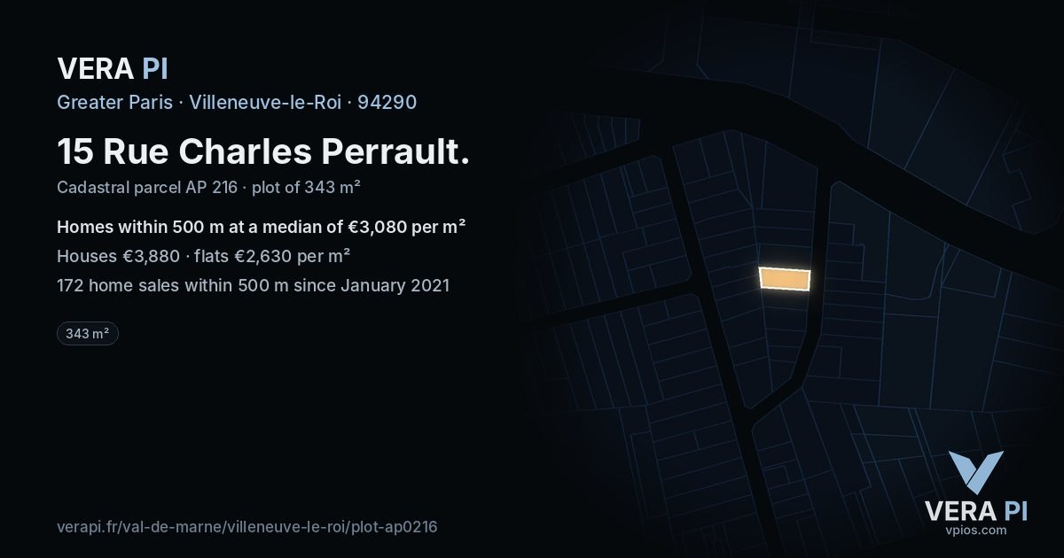 15 Rue Charles Perrault, Villeneuve-le-Roi at night – the plot lit, the parcels around coloured by the prices near them