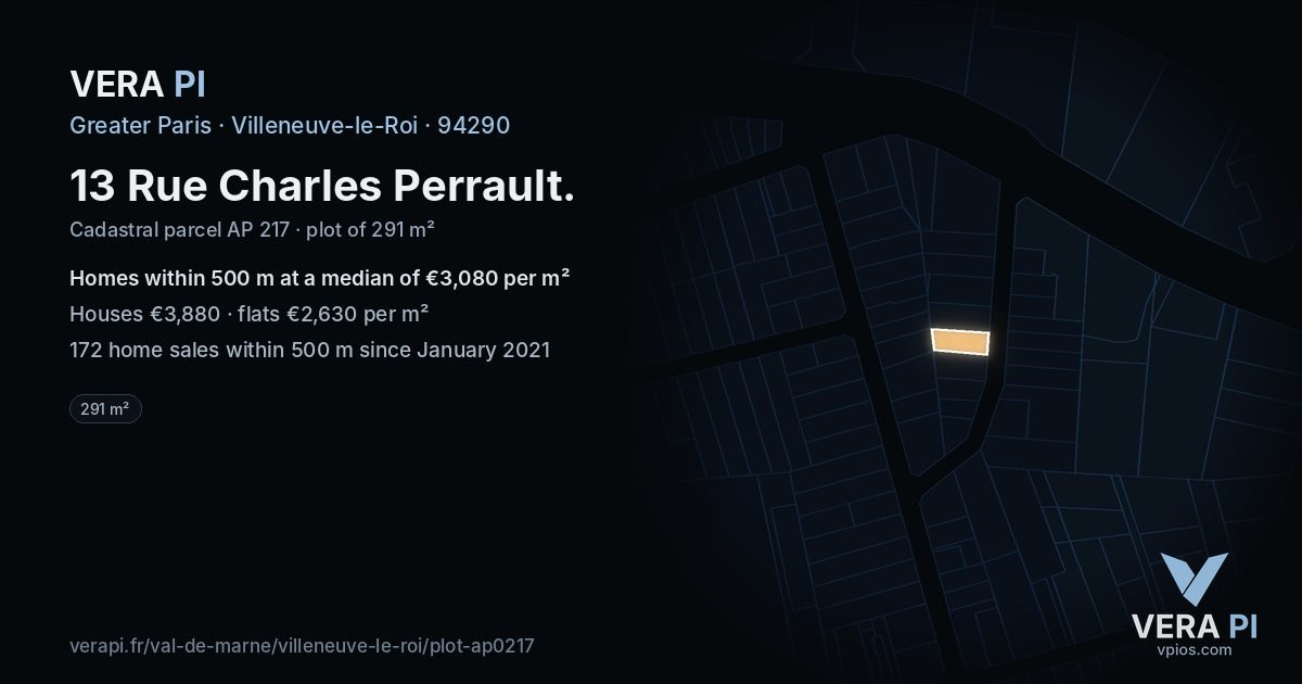 13 Rue Charles Perrault, Villeneuve-le-Roi at night – the plot lit, the parcels around coloured by the prices near them