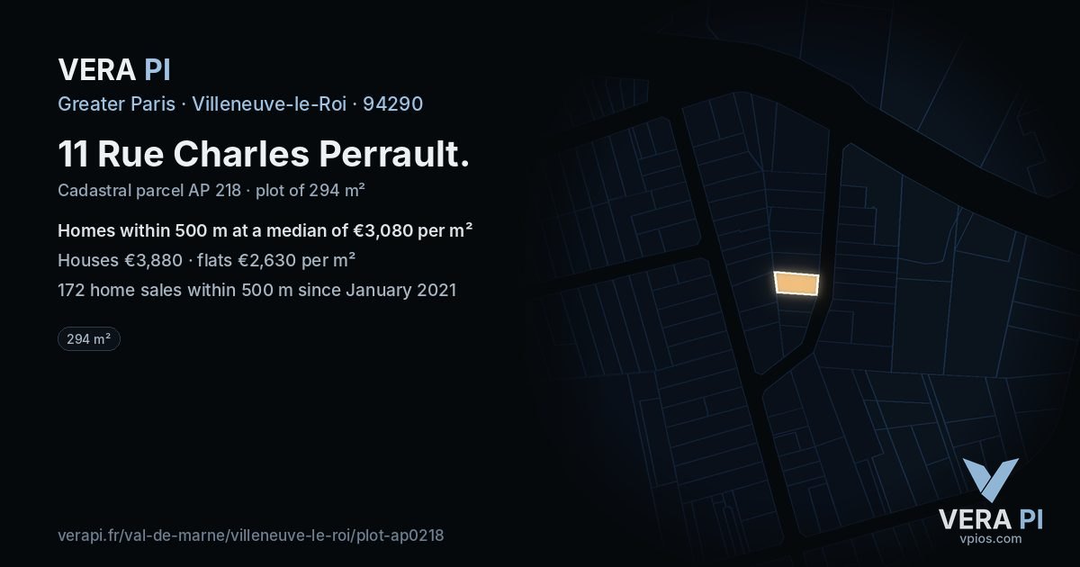 11 Rue Charles Perrault, Villeneuve-le-Roi at night – the plot lit, the parcels around coloured by the prices near them