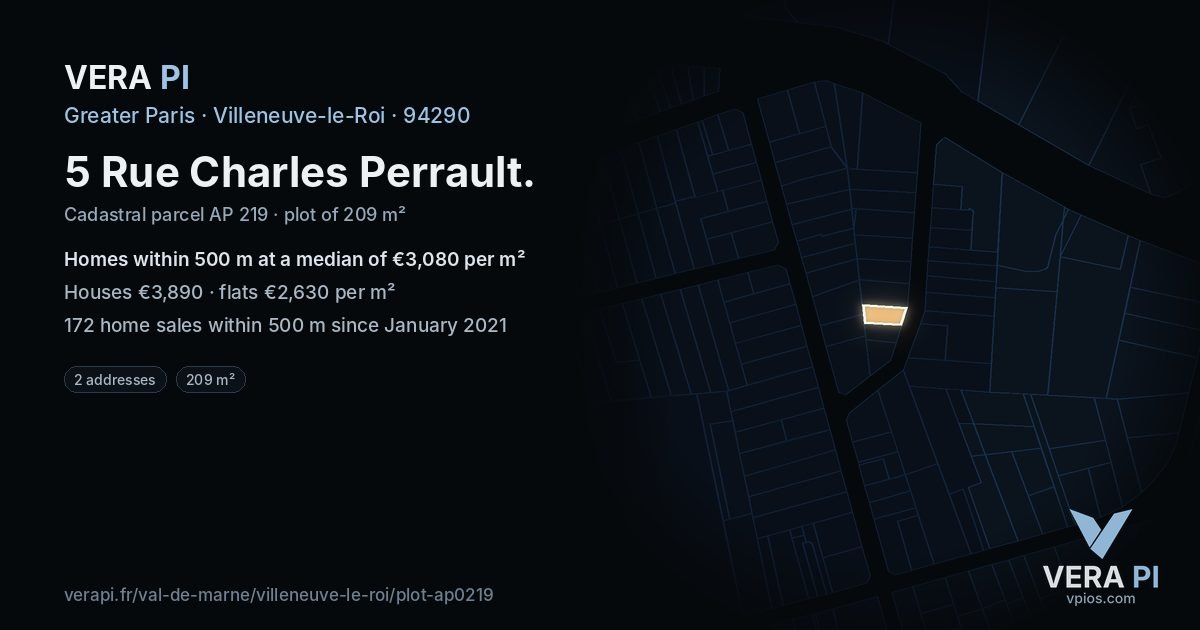 5 Rue Charles Perrault, Villeneuve-le-Roi at night – the plot lit, the parcels around coloured by the prices near them