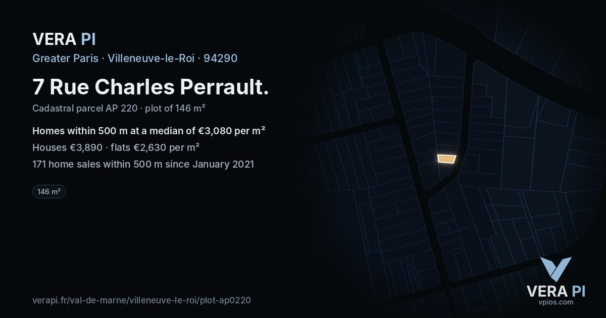 7 Rue Charles Perrault, Villeneuve-le-Roi at night – the plot lit, the parcels around coloured by the prices near them