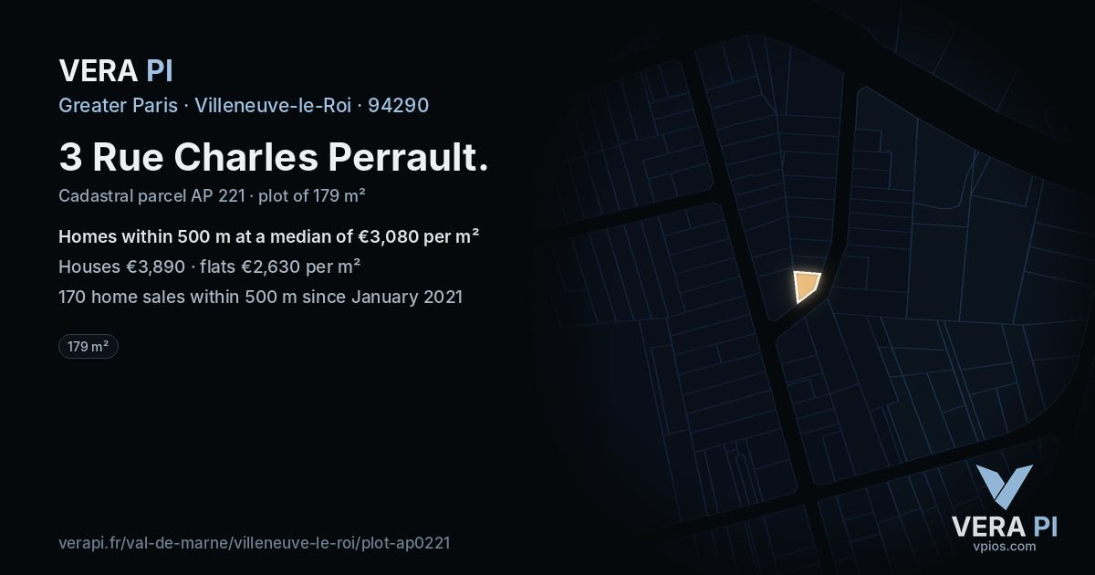 3 Rue Charles Perrault, Villeneuve-le-Roi at night – the plot lit, the parcels around coloured by the prices near them