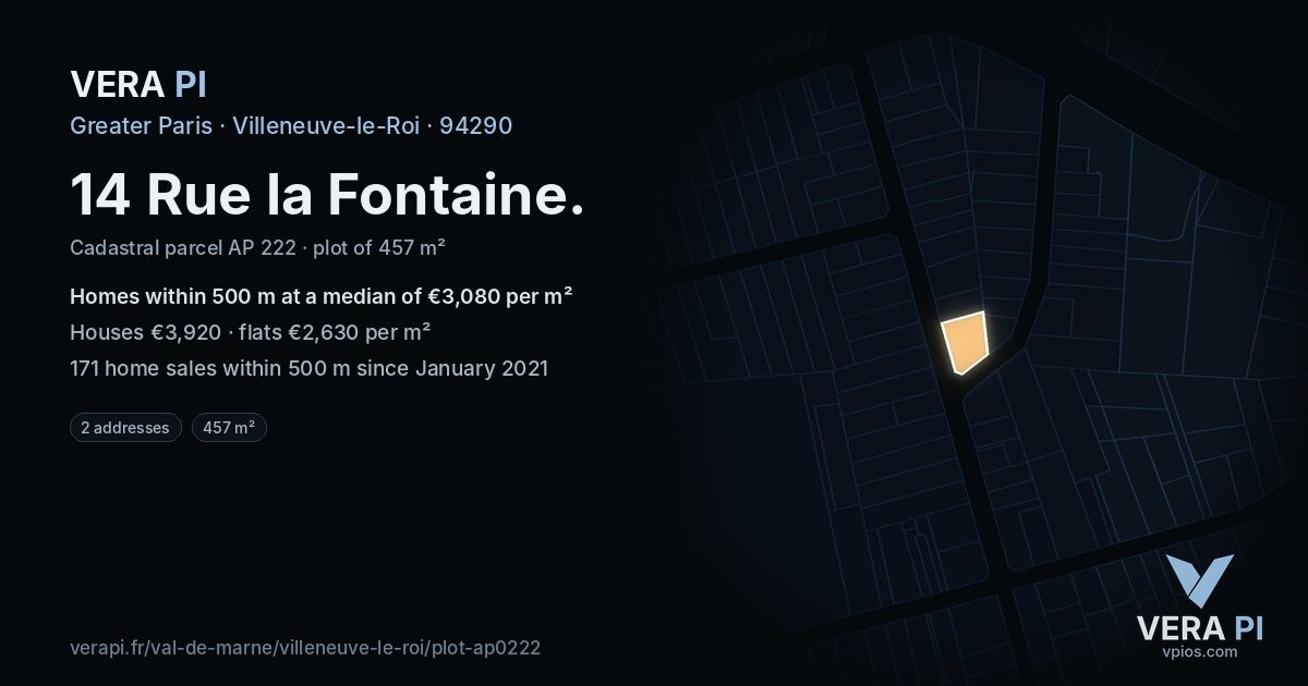 14 Rue la Fontaine, Villeneuve-le-Roi at night – the plot lit, the parcels around coloured by the prices near them