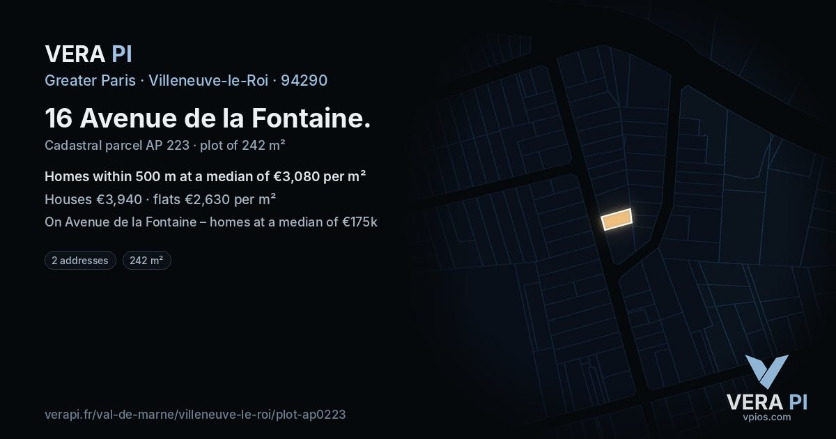 16 Avenue de la Fontaine, Villeneuve-le-Roi at night – the plot lit, the parcels around coloured by the prices near them