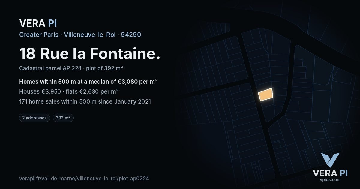 18 Rue la Fontaine, Villeneuve-le-Roi at night – the plot lit, the parcels around coloured by the prices near them