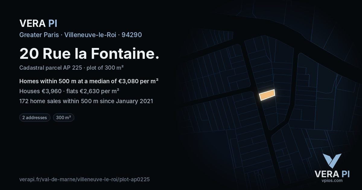 20 Rue la Fontaine, Villeneuve-le-Roi at night – the plot lit, the parcels around coloured by the prices near them