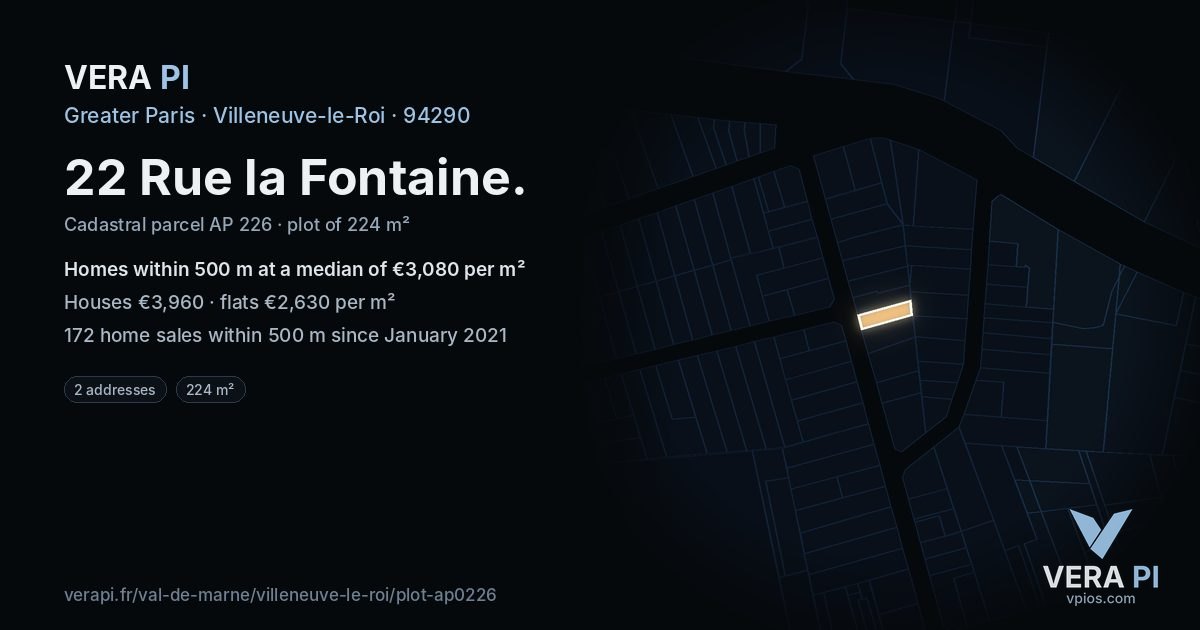 22 Rue la Fontaine, Villeneuve-le-Roi at night – the plot lit, the parcels around coloured by the prices near them