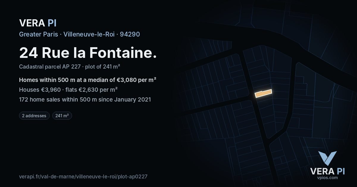 24 Rue la Fontaine, Villeneuve-le-Roi at night – the plot lit, the parcels around coloured by the prices near them