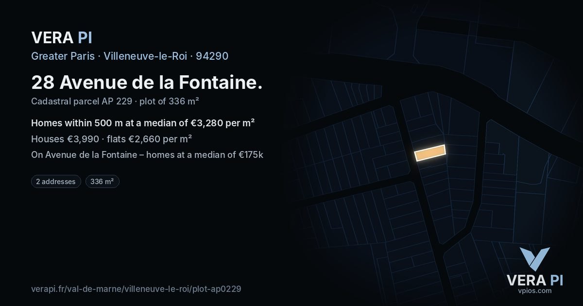 28 Avenue de la Fontaine, Villeneuve-le-Roi at night – the plot lit, the parcels around coloured by the prices near them