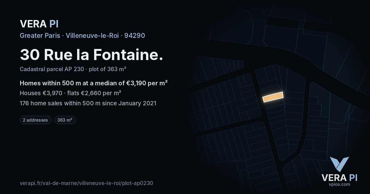 30 Rue la Fontaine, Villeneuve-le-Roi at night – the plot lit, the parcels around coloured by the prices near them