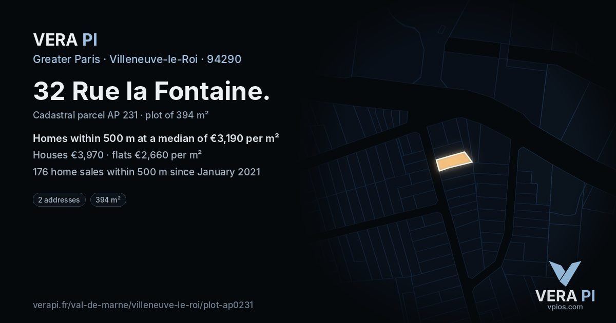 32 Rue la Fontaine, Villeneuve-le-Roi at night – the plot lit, the parcels around coloured by the prices near them