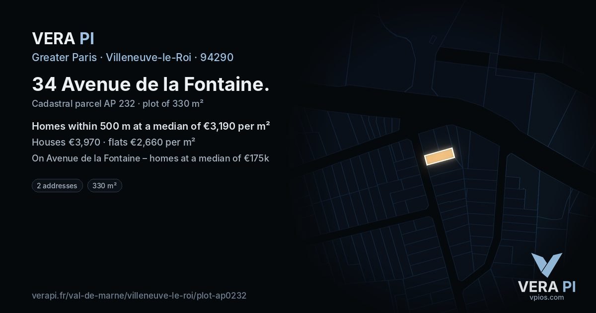 34 Avenue de la Fontaine, Villeneuve-le-Roi at night – the plot lit, the parcels around coloured by the prices near them