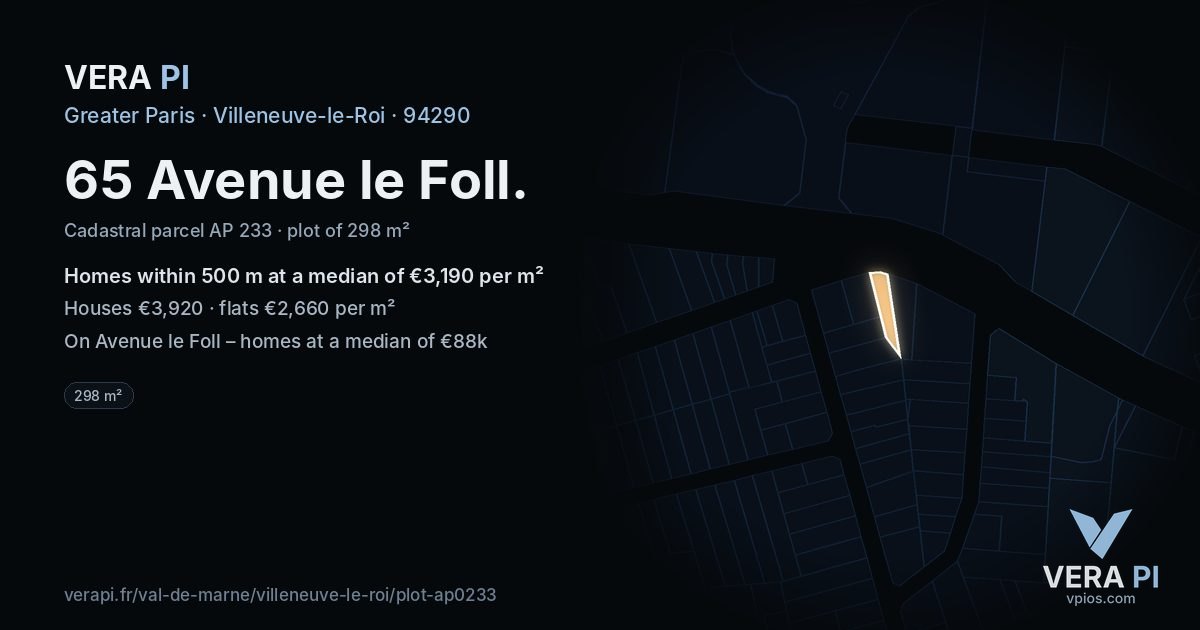65 Avenue le Foll, Villeneuve-le-Roi at night – the plot lit, the parcels around coloured by the prices near them