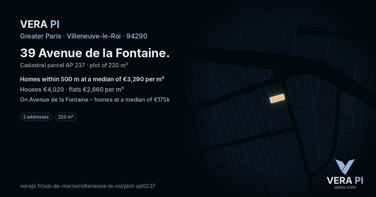 39 Avenue de la Fontaine, Villeneuve-le-Roi at night – the plot lit, the parcels around coloured by the prices near them
