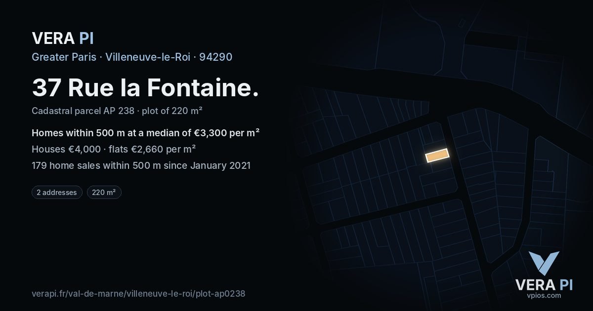 37 Rue la Fontaine, Villeneuve-le-Roi at night – the plot lit, the parcels around coloured by the prices near them