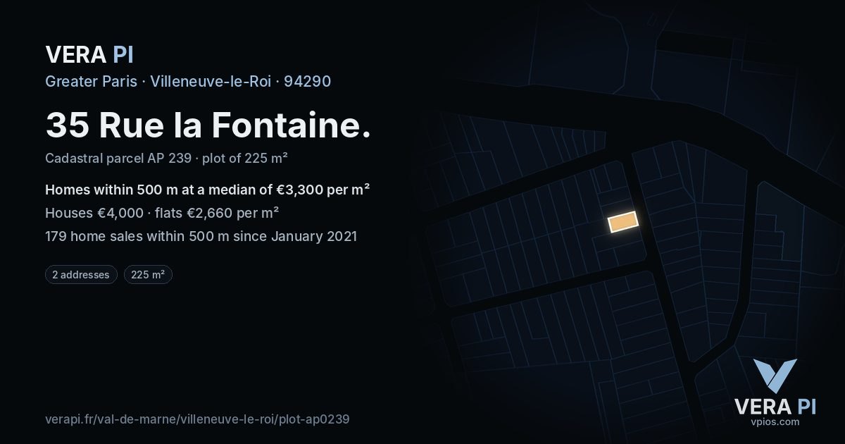 35 Rue la Fontaine, Villeneuve-le-Roi at night – the plot lit, the parcels around coloured by the prices near them
