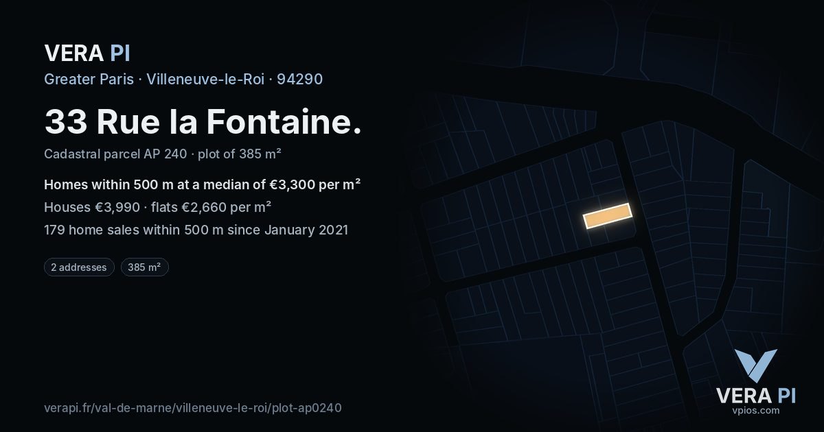 33 Rue la Fontaine, Villeneuve-le-Roi at night – the plot lit, the parcels around coloured by the prices near them