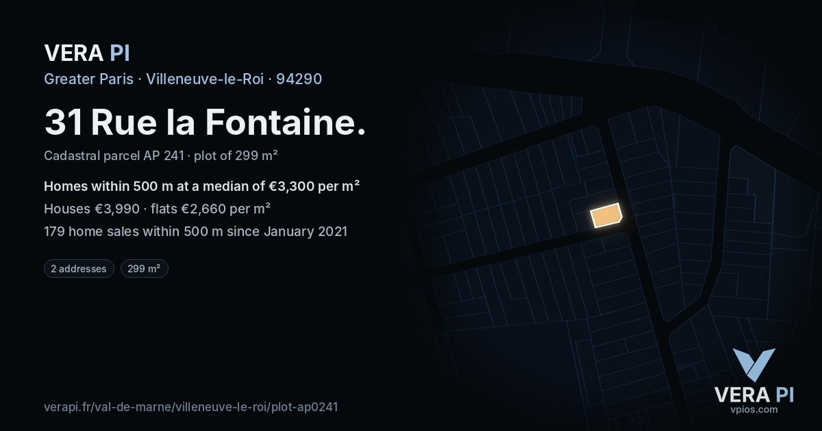 31 Rue la Fontaine, Villeneuve-le-Roi at night – the plot lit, the parcels around coloured by the prices near them