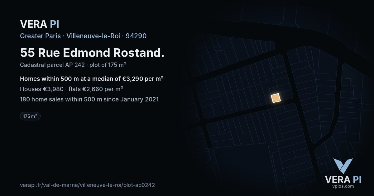 55 Rue Edmond Rostand, Villeneuve-le-Roi at night – the plot lit, the parcels around coloured by the prices near them