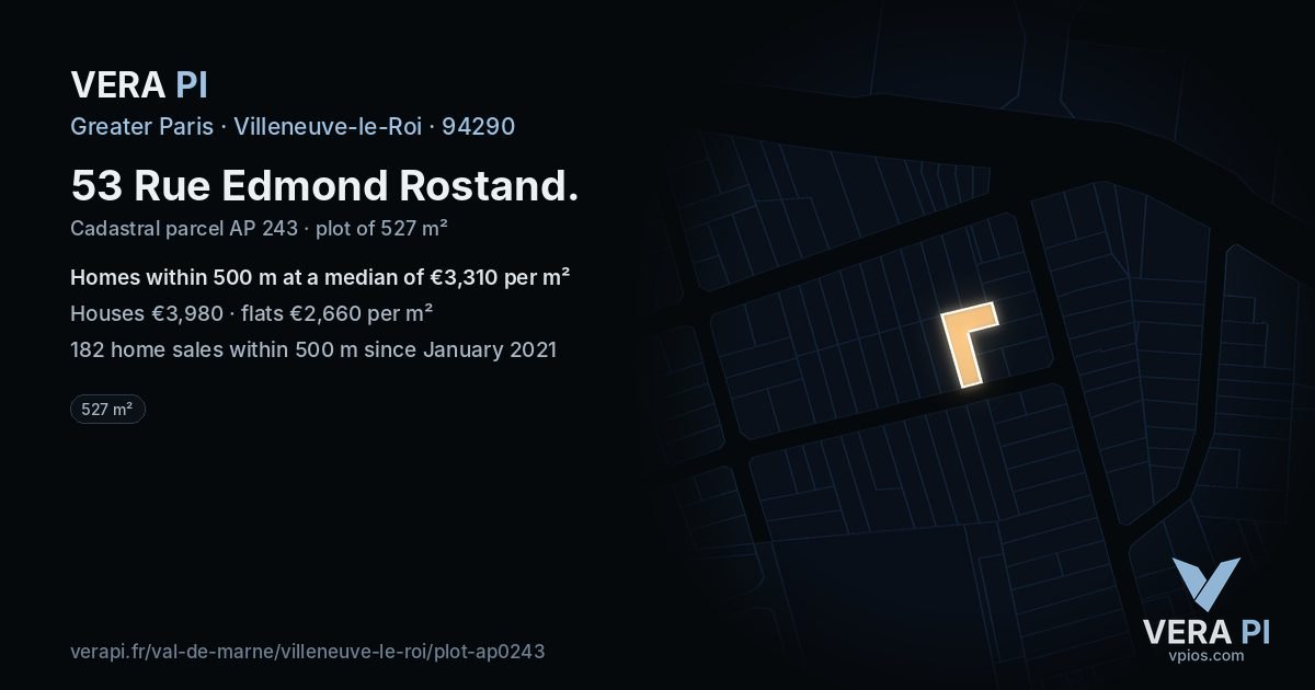 53 Rue Edmond Rostand, Villeneuve-le-Roi at night – the plot lit, the parcels around coloured by the prices near them