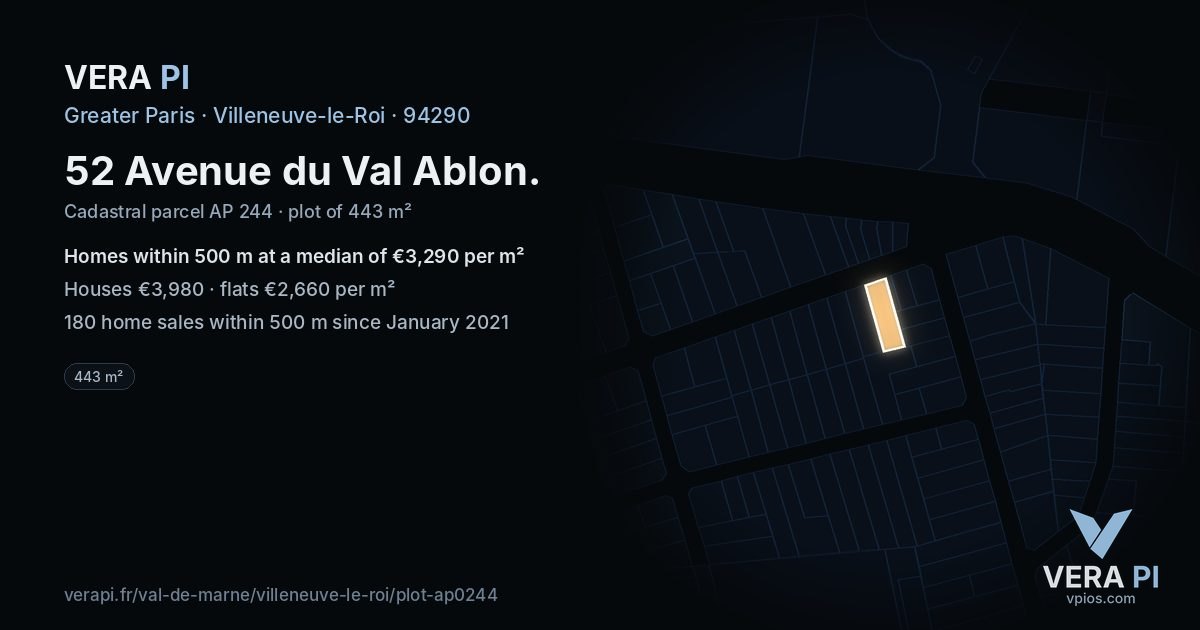52 Avenue du Val Ablon, Villeneuve-le-Roi at night – the plot lit, the parcels around coloured by the prices near them