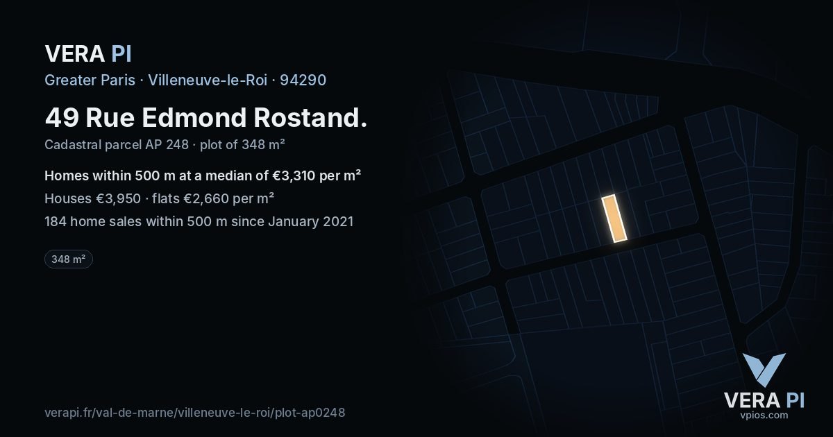 49 Rue Edmond Rostand, Villeneuve-le-Roi at night – the plot lit, the parcels around coloured by the prices near them