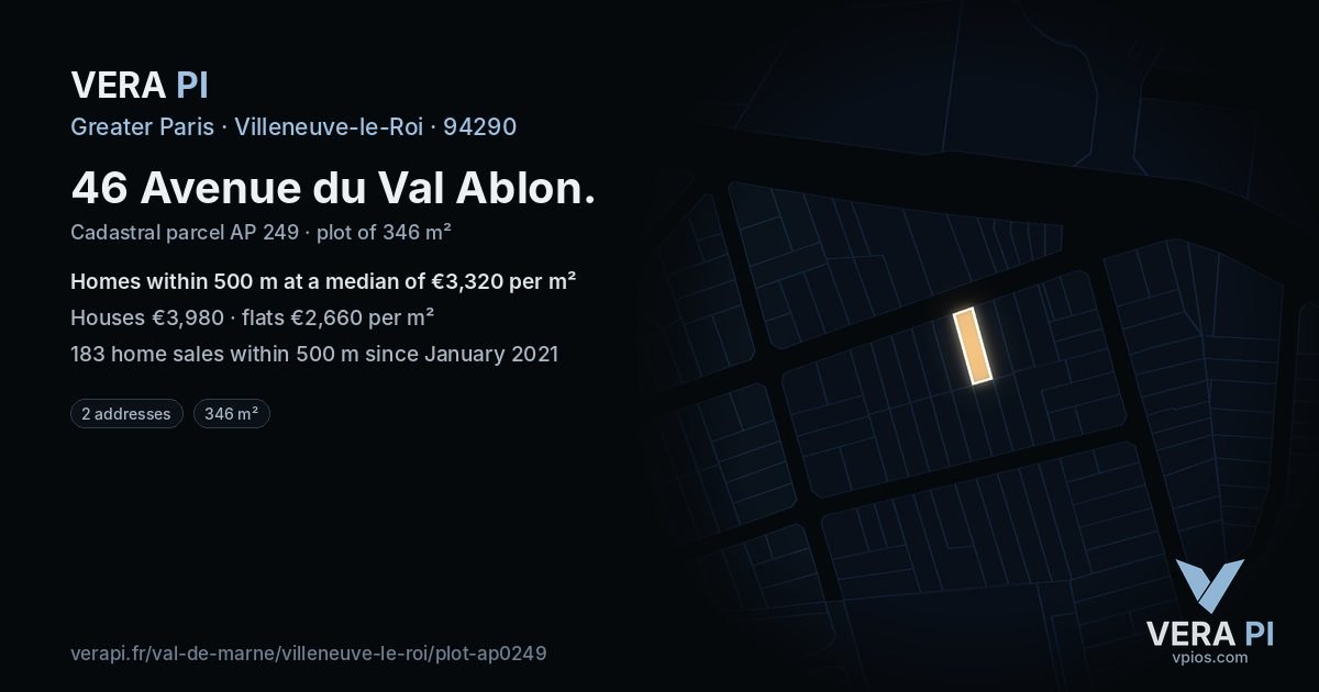 46 Avenue du Val Ablon, Villeneuve-le-Roi at night – the plot lit, the parcels around coloured by the prices near them