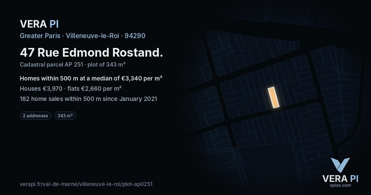 47 Rue Edmond Rostand, Villeneuve-le-Roi at night – the plot lit, the parcels around coloured by the prices near them