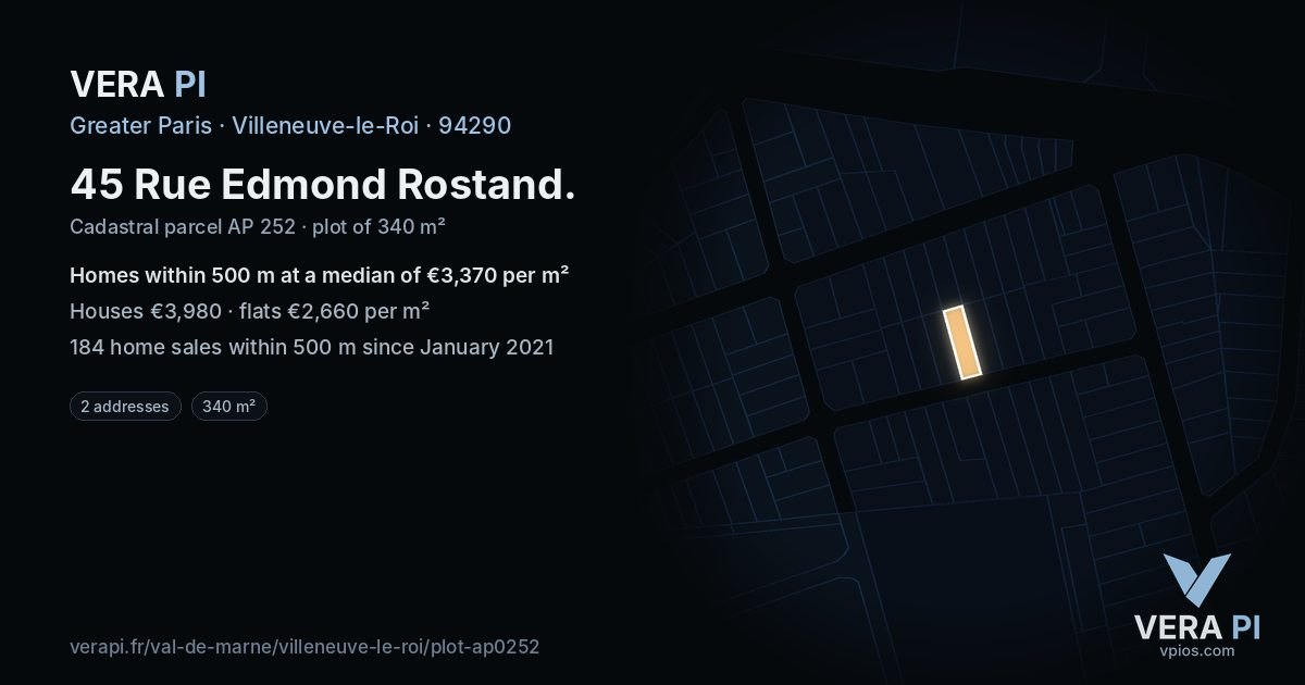 45 Rue Edmond Rostand, Villeneuve-le-Roi at night – the plot lit, the parcels around coloured by the prices near them