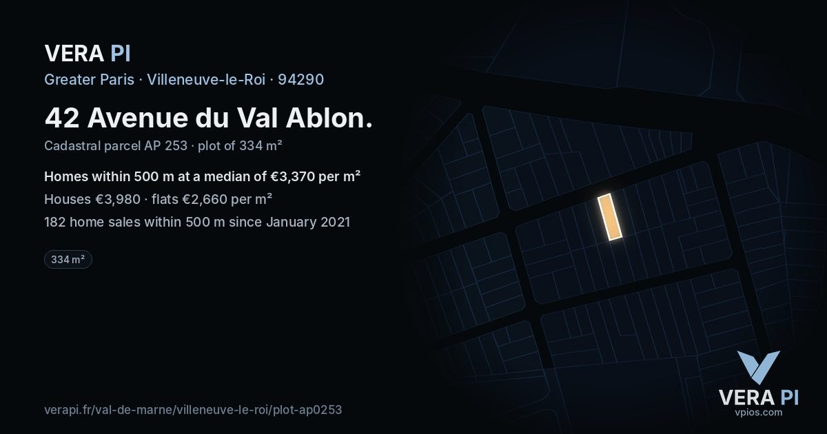 42 Avenue du Val Ablon, Villeneuve-le-Roi at night – the plot lit, the parcels around coloured by the prices near them