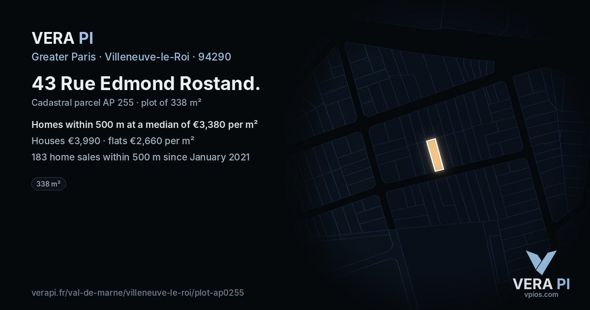 43 Rue Edmond Rostand, Villeneuve-le-Roi at night – the plot lit, the parcels around coloured by the prices near them