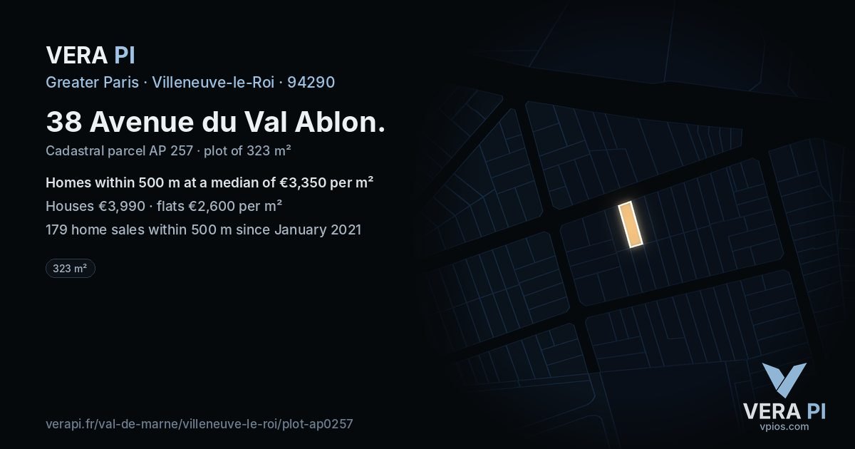 38 Avenue du Val Ablon, Villeneuve-le-Roi at night – the plot lit, the parcels around coloured by the prices near them