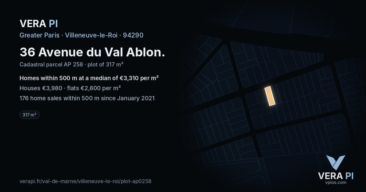 36 Avenue du Val Ablon, Villeneuve-le-Roi at night – the plot lit, the parcels around coloured by the prices near them