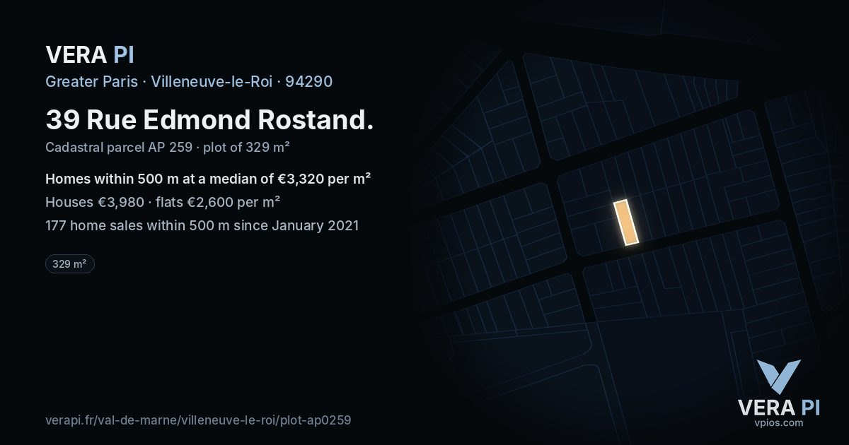 39 Rue Edmond Rostand, Villeneuve-le-Roi at night – the plot lit, the parcels around coloured by the prices near them