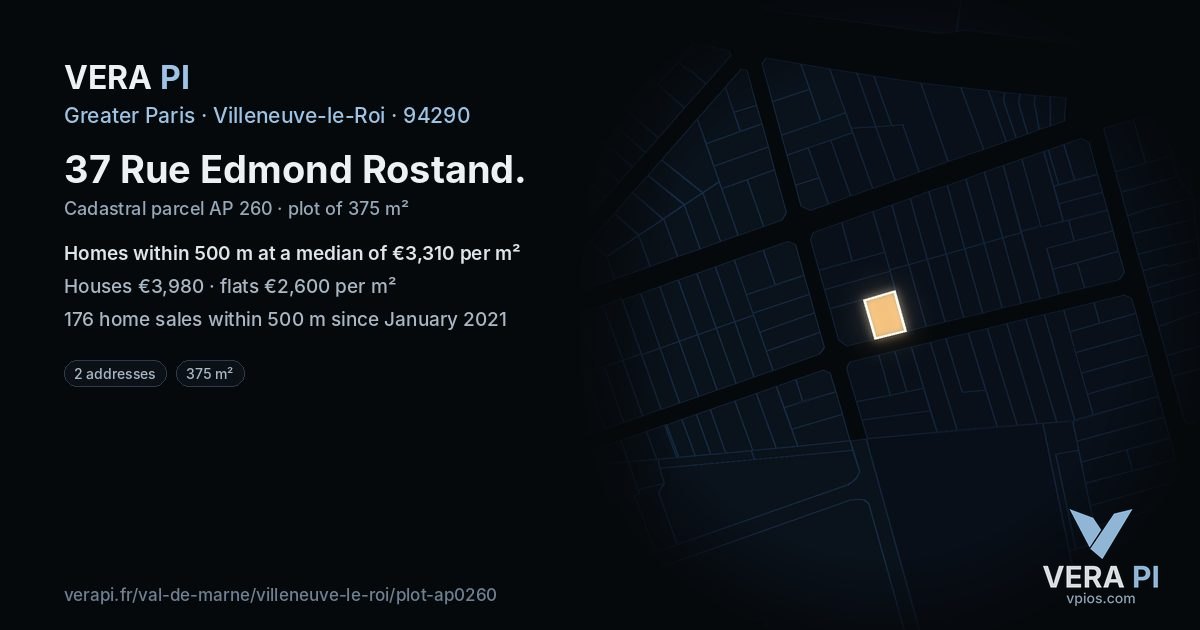 37 Rue Edmond Rostand, Villeneuve-le-Roi at night – the plot lit, the parcels around coloured by the prices near them