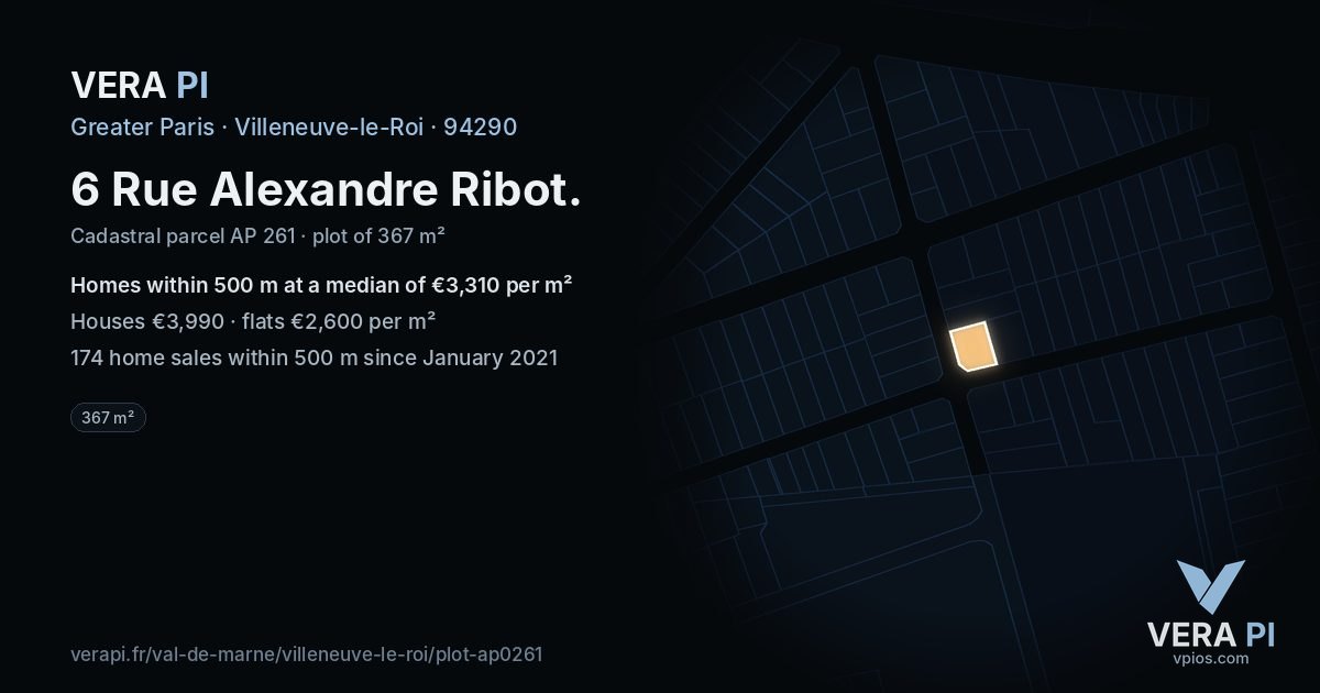 6 Rue Alexandre Ribot, Villeneuve-le-Roi at night – the plot lit, the parcels around coloured by the prices near them