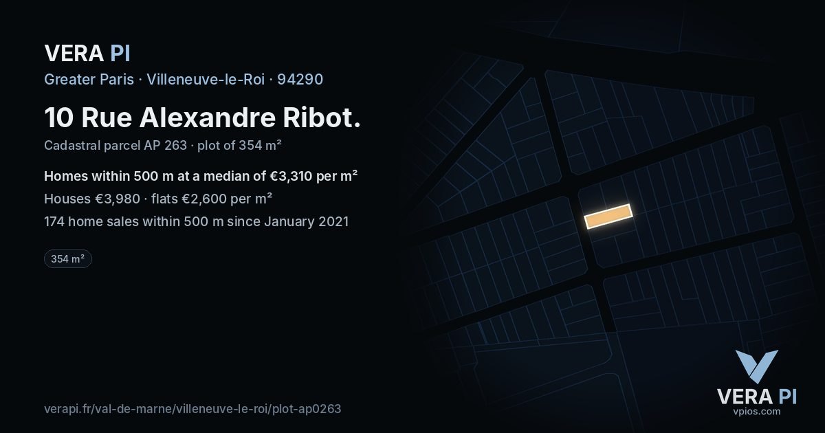 10 Rue Alexandre Ribot, Villeneuve-le-Roi at night – the plot lit, the parcels around coloured by the prices near them