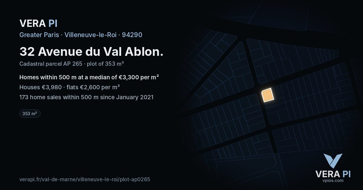 32 Avenue du Val Ablon, Villeneuve-le-Roi at night – the plot lit, the parcels around coloured by the prices near them