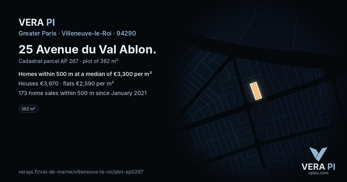 25 Avenue du Val Ablon, Villeneuve-le-Roi at night – the plot lit, the parcels around coloured by the prices near them