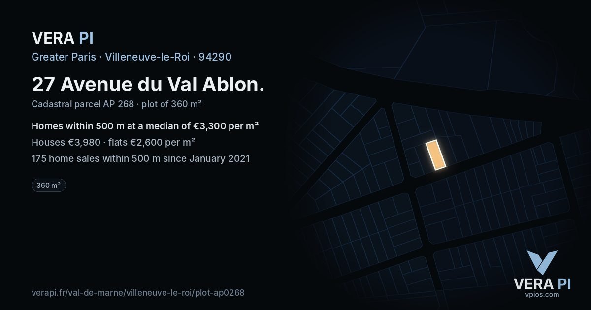 27 Avenue du Val Ablon, Villeneuve-le-Roi at night – the plot lit, the parcels around coloured by the prices near them
