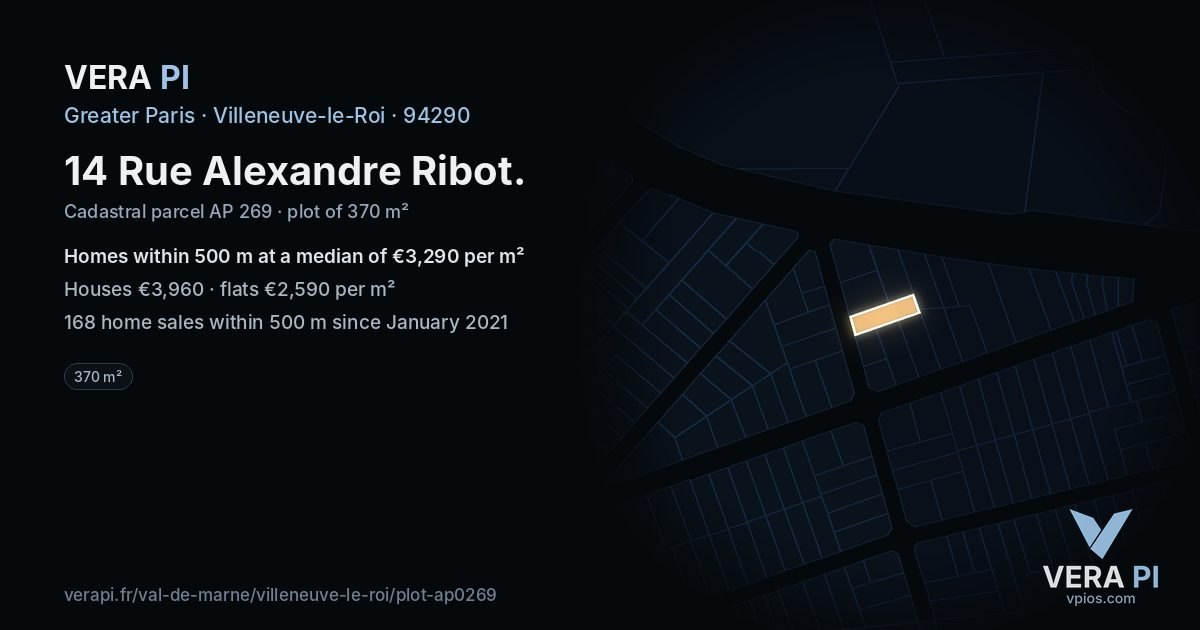 14 Rue Alexandre Ribot, Villeneuve-le-Roi at night – the plot lit, the parcels around coloured by the prices near them