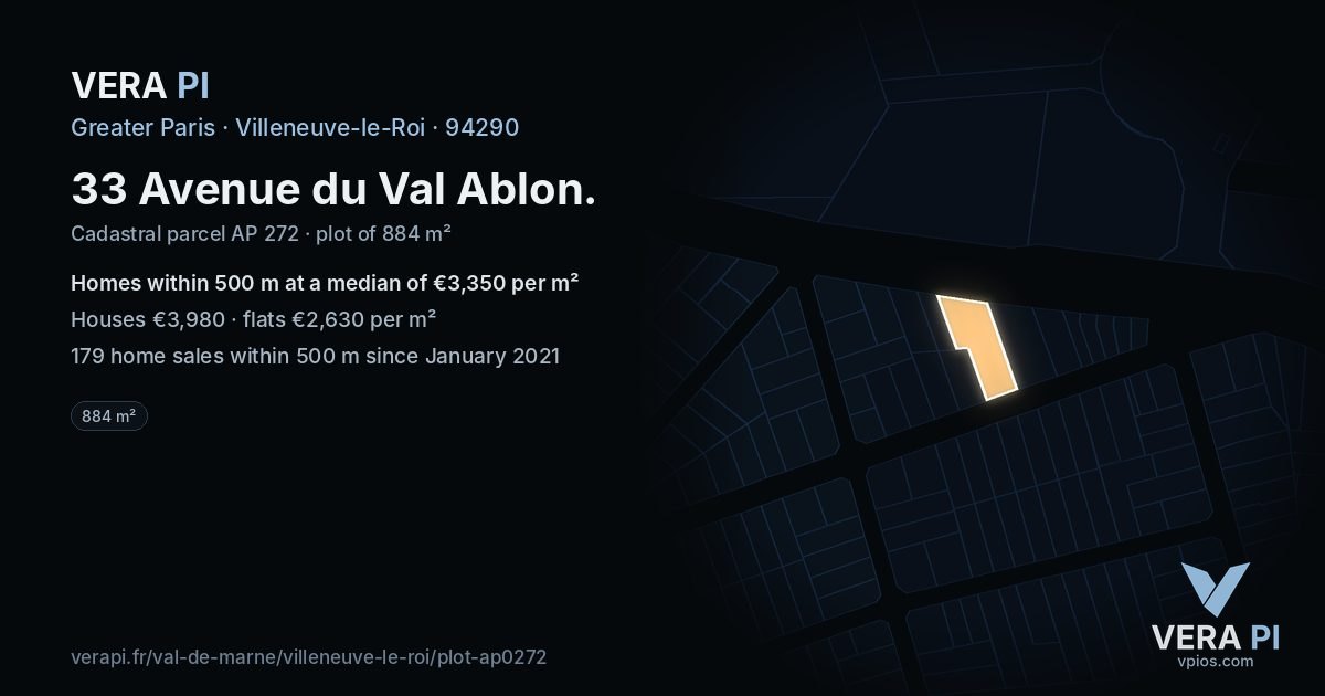 33 Avenue du Val Ablon, Villeneuve-le-Roi at night – the plot lit, the parcels around coloured by the prices near them