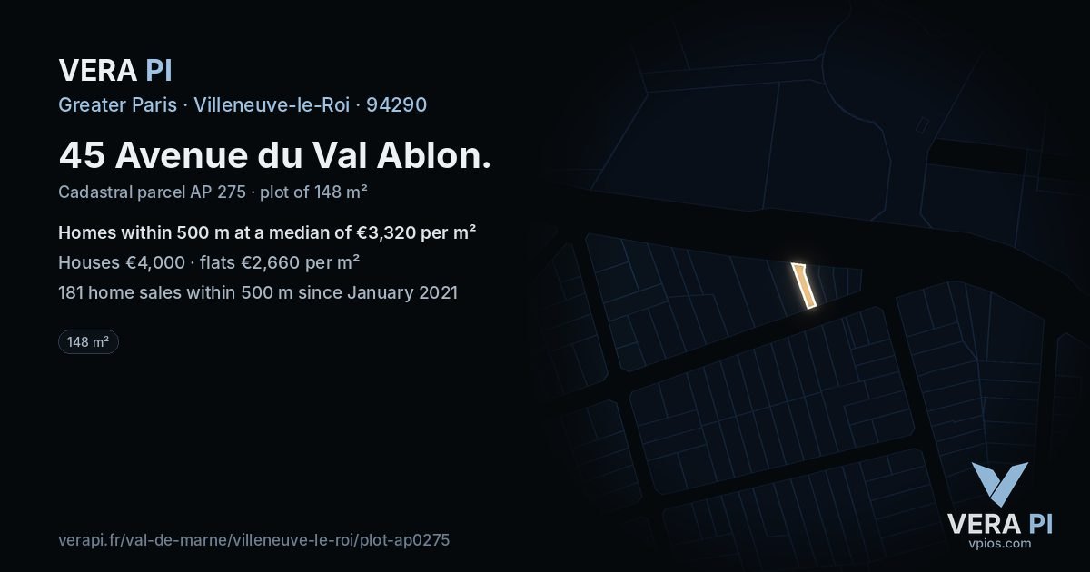 45 Avenue du Val Ablon, Villeneuve-le-Roi at night – the plot lit, the parcels around coloured by the prices near them