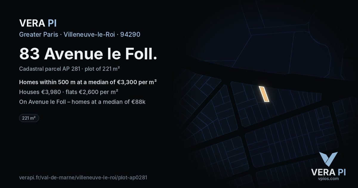 83 Avenue le Foll, Villeneuve-le-Roi at night – the plot lit, the parcels around coloured by the prices near them