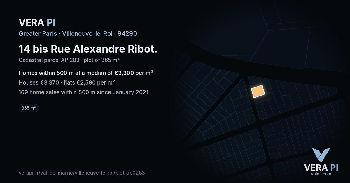 14 bis Rue Alexandre Ribot, Villeneuve-le-Roi at night – the plot lit, the parcels around coloured by the prices near them