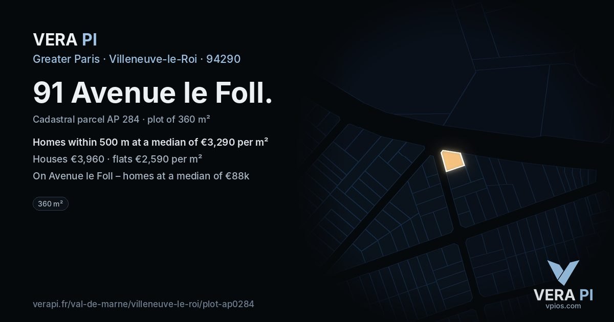 91 Avenue le Foll, Villeneuve-le-Roi at night – the plot lit, the parcels around coloured by the prices near them