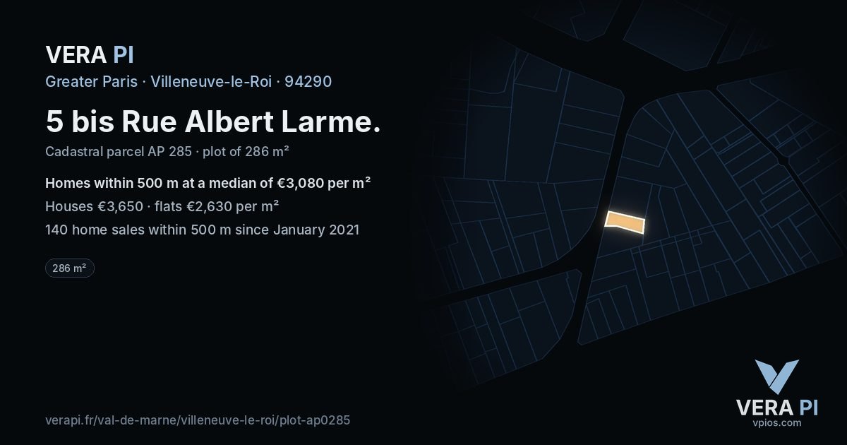 5 bis Rue Albert Larme, Villeneuve-le-Roi at night – the plot lit, the parcels around coloured by the prices near them